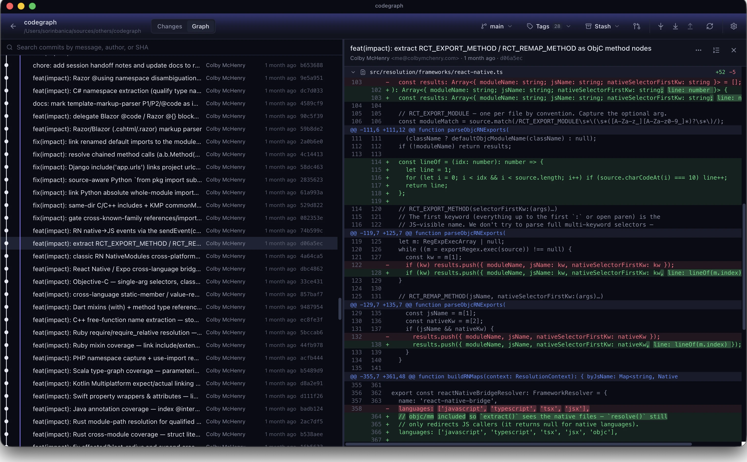 GitRainbow showing a color-coded commit graph alongside a side-by-side diff with line-level staging